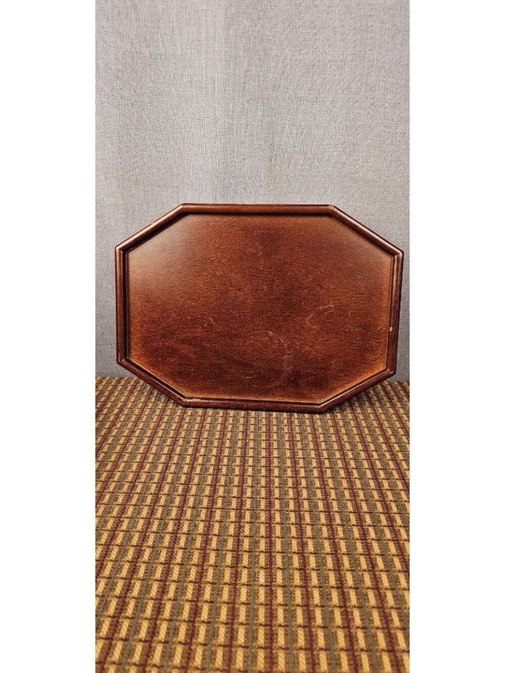 Vintage Wooden Folding Serving Tray With Octagonal Shape And Rich Mahogany Finis